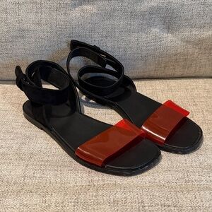 CELINE Black+Red suede wrap around sandals, size 38.5